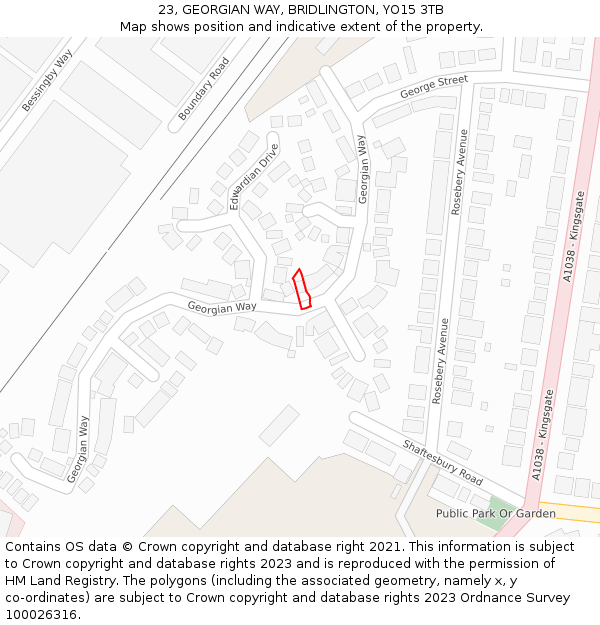 23, GEORGIAN WAY, BRIDLINGTON, YO15 3TB: Location map and indicative extent of plot