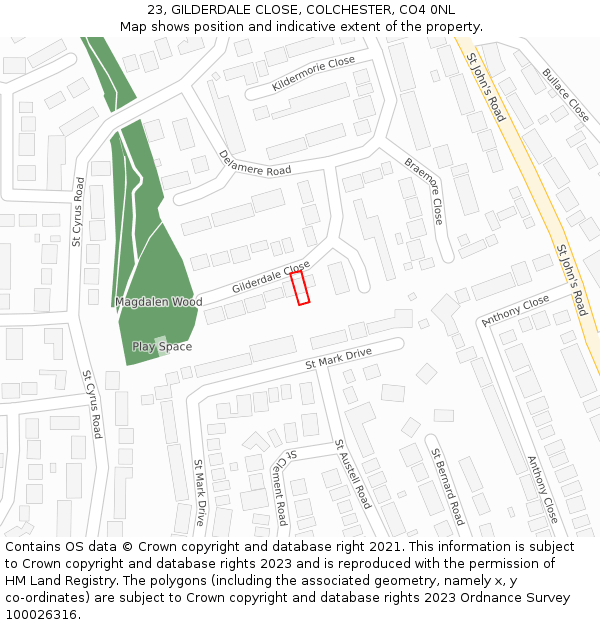 23, GILDERDALE CLOSE, COLCHESTER, CO4 0NL: Location map and indicative extent of plot