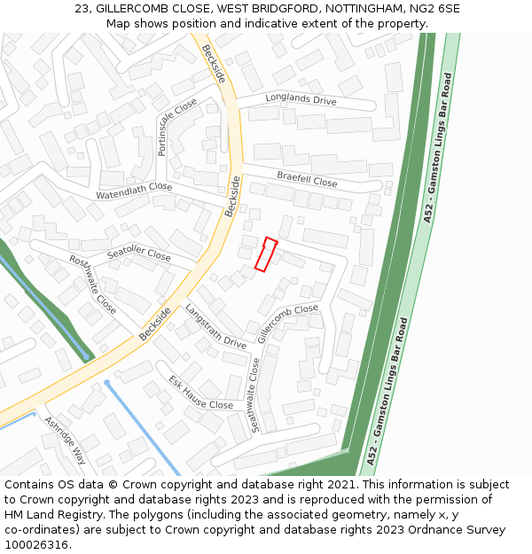 23, GILLERCOMB CLOSE, WEST BRIDGFORD, NOTTINGHAM, NG2 6SE: Location map and indicative extent of plot