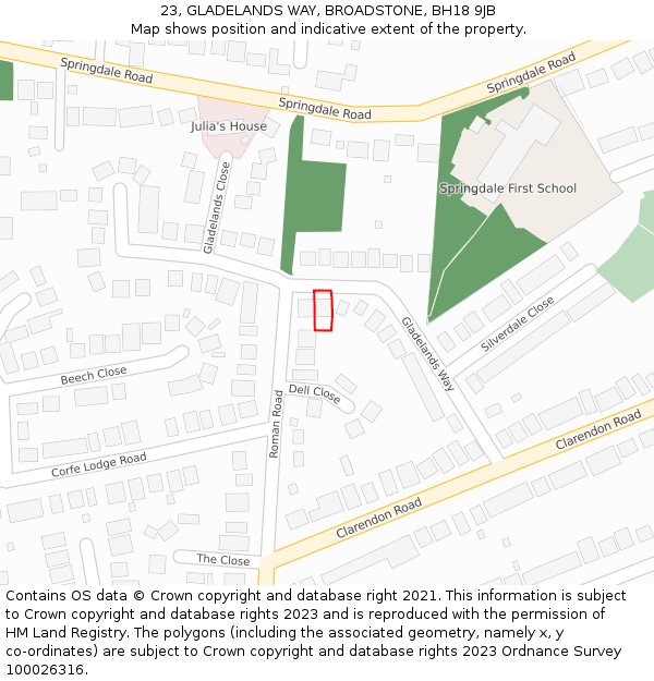 23, GLADELANDS WAY, BROADSTONE, BH18 9JB: Location map and indicative extent of plot