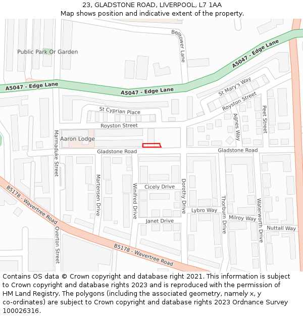 23, GLADSTONE ROAD, LIVERPOOL, L7 1AA: Location map and indicative extent of plot