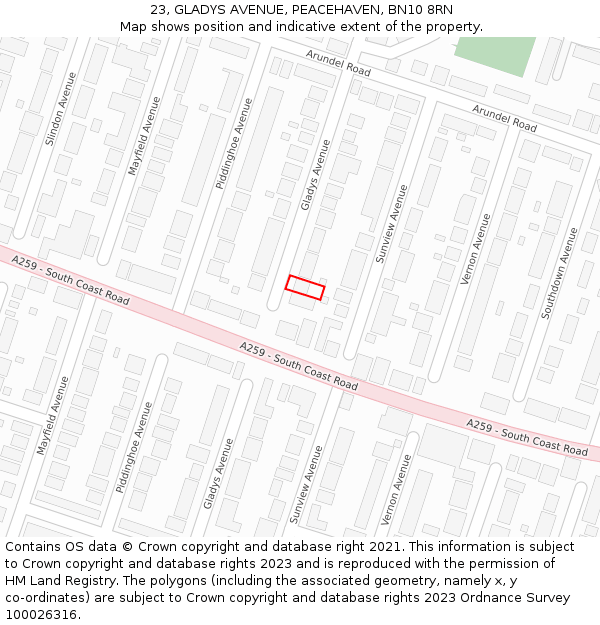 23, GLADYS AVENUE, PEACEHAVEN, BN10 8RN: Location map and indicative extent of plot