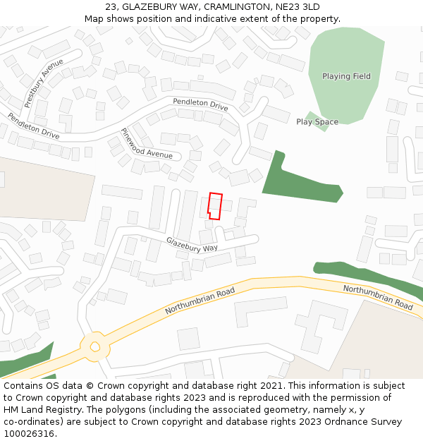 23, GLAZEBURY WAY, CRAMLINGTON, NE23 3LD: Location map and indicative extent of plot