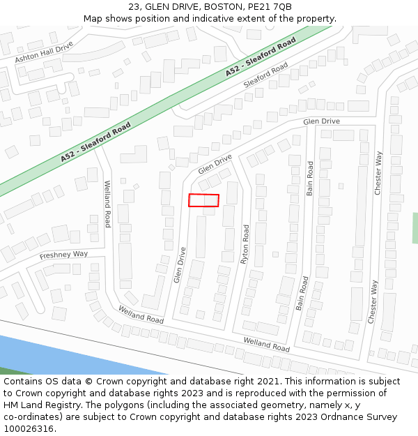 23, GLEN DRIVE, BOSTON, PE21 7QB: Location map and indicative extent of plot