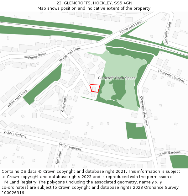 23, GLENCROFTS, HOCKLEY, SS5 4GN: Location map and indicative extent of plot