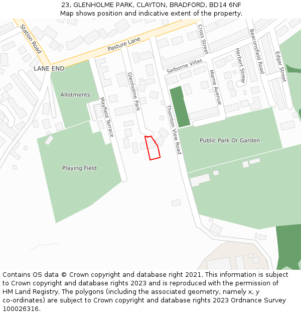 23, GLENHOLME PARK, CLAYTON, BRADFORD, BD14 6NF: Location map and indicative extent of plot