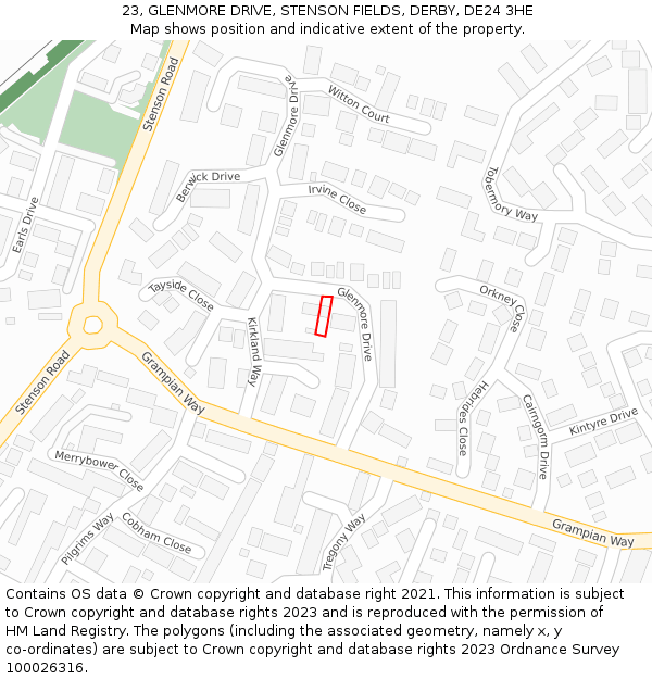 23, GLENMORE DRIVE, STENSON FIELDS, DERBY, DE24 3HE: Location map and indicative extent of plot