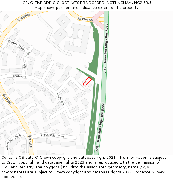 23, GLENRIDDING CLOSE, WEST BRIDGFORD, NOTTINGHAM, NG2 6RU: Location map and indicative extent of plot