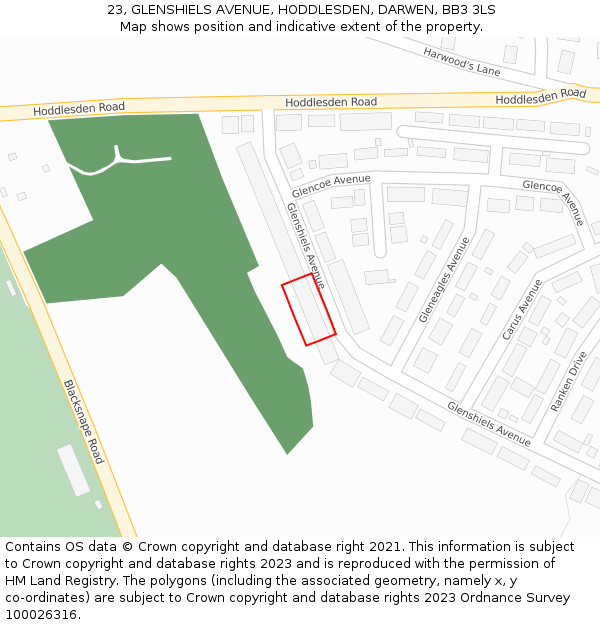 23, GLENSHIELS AVENUE, HODDLESDEN, DARWEN, BB3 3LS: Location map and indicative extent of plot