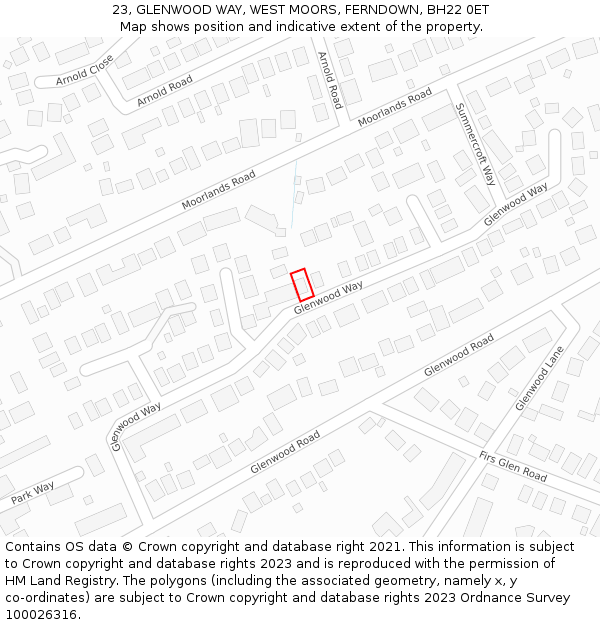 23, GLENWOOD WAY, WEST MOORS, FERNDOWN, BH22 0ET: Location map and indicative extent of plot