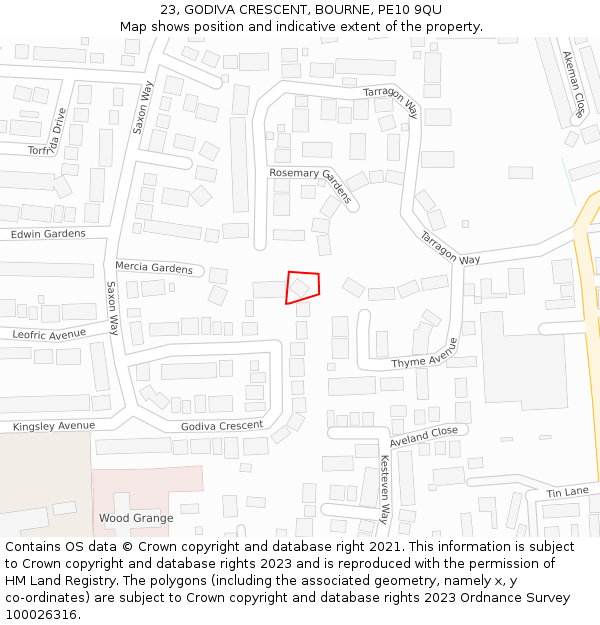 23, GODIVA CRESCENT, BOURNE, PE10 9QU: Location map and indicative extent of plot