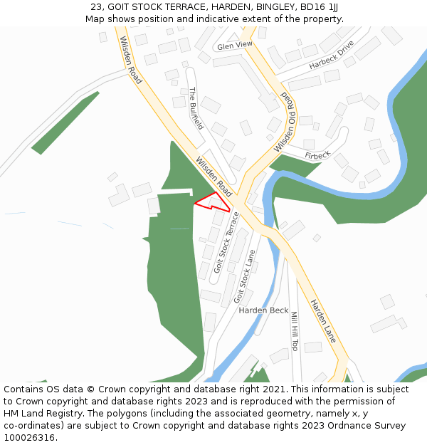 23, GOIT STOCK TERRACE, HARDEN, BINGLEY, BD16 1JJ: Location map and indicative extent of plot