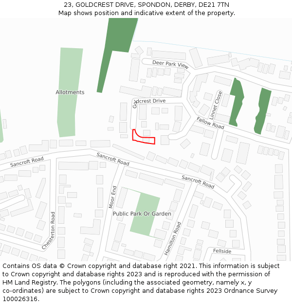 23, GOLDCREST DRIVE, SPONDON, DERBY, DE21 7TN: Location map and indicative extent of plot