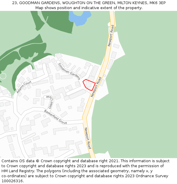 23, GOODMAN GARDENS, WOUGHTON ON THE GREEN, MILTON KEYNES, MK6 3EP: Location map and indicative extent of plot