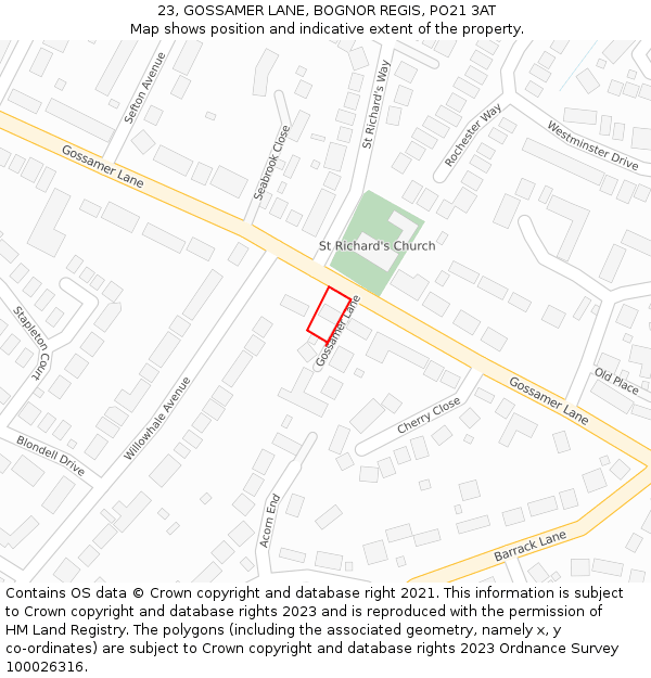 23, GOSSAMER LANE, BOGNOR REGIS, PO21 3AT: Location map and indicative extent of plot