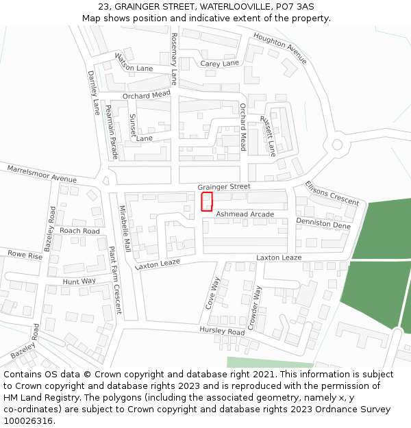 23, GRAINGER STREET, WATERLOOVILLE, PO7 3AS: Location map and indicative extent of plot