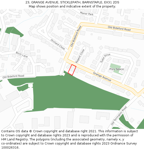 23, GRANGE AVENUE, STICKLEPATH, BARNSTAPLE, EX31 2DS: Location map and indicative extent of plot