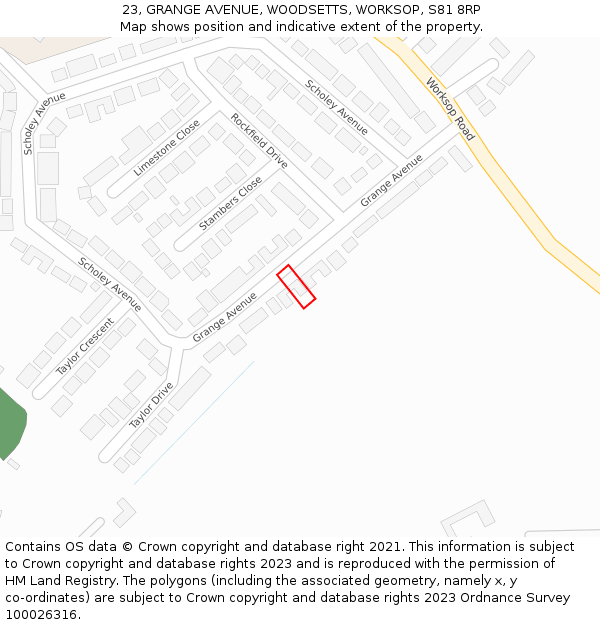 23, GRANGE AVENUE, WOODSETTS, WORKSOP, S81 8RP: Location map and indicative extent of plot