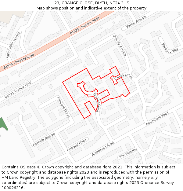 23, GRANGE CLOSE, BLYTH, NE24 3HS: Location map and indicative extent of plot