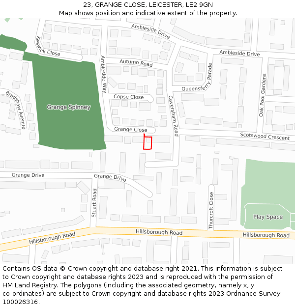 23, GRANGE CLOSE, LEICESTER, LE2 9GN: Location map and indicative extent of plot