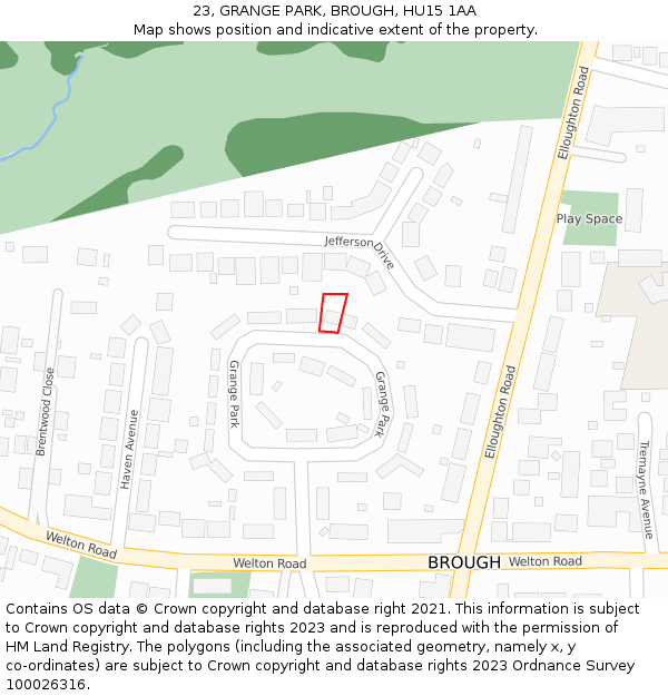 23, GRANGE PARK, BROUGH, HU15 1AA: Location map and indicative extent of plot