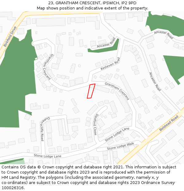 23, GRANTHAM CRESCENT, IPSWICH, IP2 9PD: Location map and indicative extent of plot