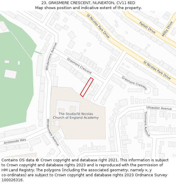 23, GRASMERE CRESCENT, NUNEATON, CV11 6ED: Location map and indicative extent of plot