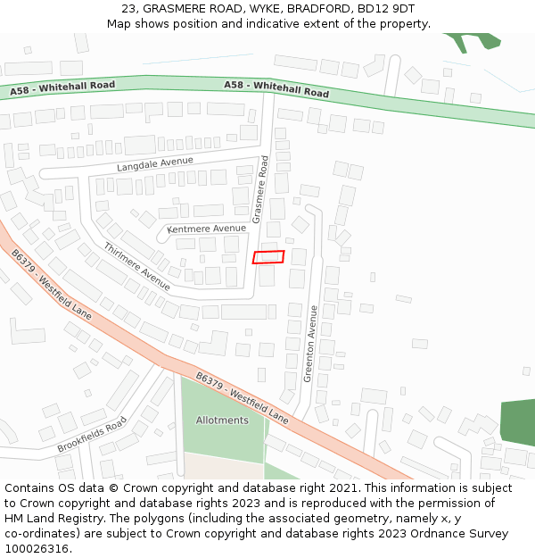 23, GRASMERE ROAD, WYKE, BRADFORD, BD12 9DT: Location map and indicative extent of plot