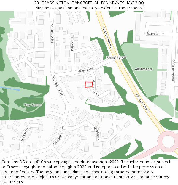 23, GRASSINGTON, BANCROFT, MILTON KEYNES, MK13 0QJ: Location map and indicative extent of plot