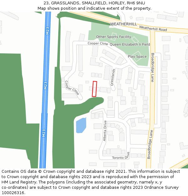 23, GRASSLANDS, SMALLFIELD, HORLEY, RH6 9NU: Location map and indicative extent of plot