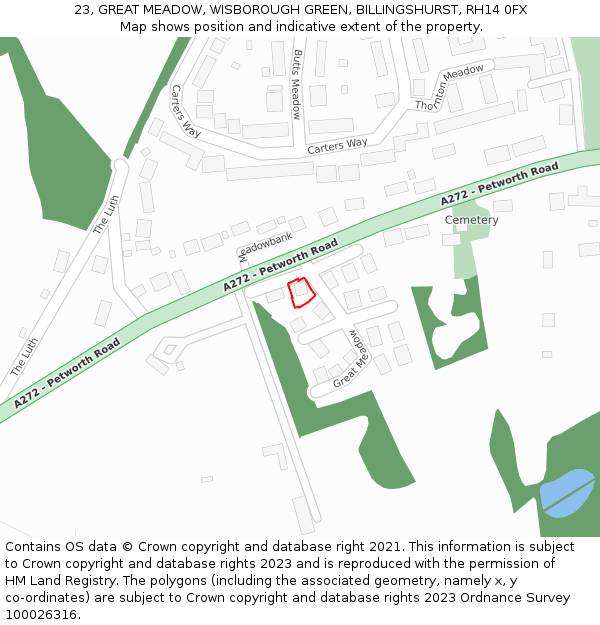 23, GREAT MEADOW, WISBOROUGH GREEN, BILLINGSHURST, RH14 0FX: Location map and indicative extent of plot