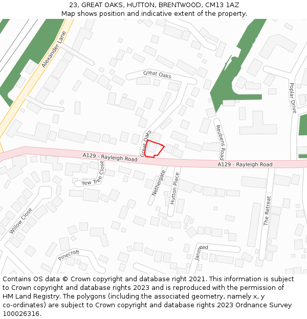 23, GREAT OAKS, HUTTON, BRENTWOOD, CM13 1AZ: Location map and indicative extent of plot