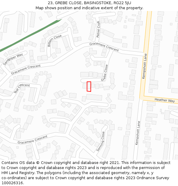 23, GREBE CLOSE, BASINGSTOKE, RG22 5JU: Location map and indicative extent of plot