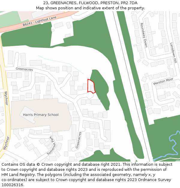 23, GREENACRES, FULWOOD, PRESTON, PR2 7DA: Location map and indicative extent of plot