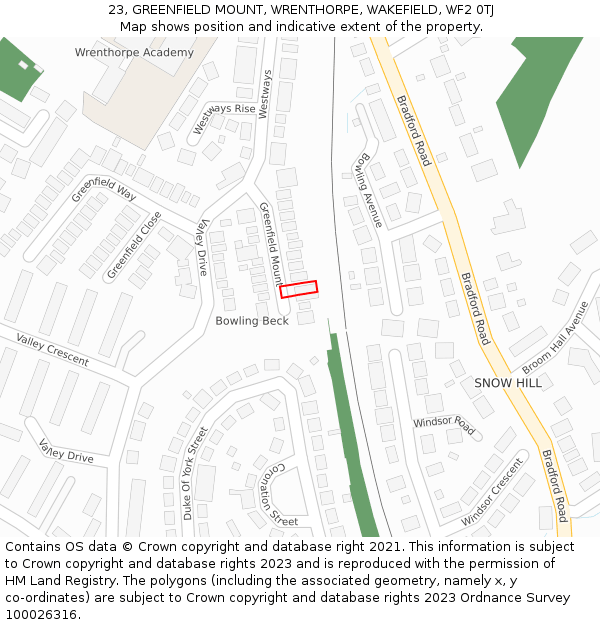 23, GREENFIELD MOUNT, WRENTHORPE, WAKEFIELD, WF2 0TJ: Location map and indicative extent of plot