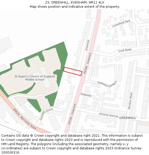 23, GREENHILL, EVESHAM, WR11 4LX: Location map and indicative extent of plot