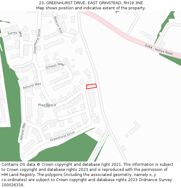 23, GREENHURST DRIVE, EAST GRINSTEAD, RH19 3NE: Location map and indicative extent of plot