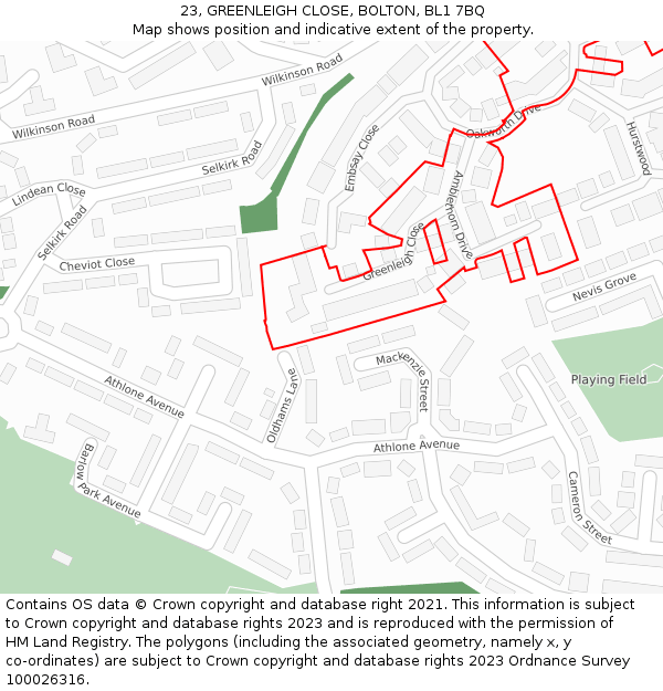 23, GREENLEIGH CLOSE, BOLTON, BL1 7BQ: Location map and indicative extent of plot