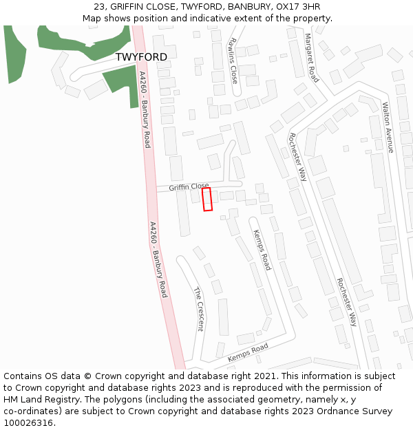 23, GRIFFIN CLOSE, TWYFORD, BANBURY, OX17 3HR: Location map and indicative extent of plot