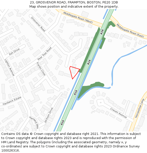 23, GROSVENOR ROAD, FRAMPTON, BOSTON, PE20 1DB: Location map and indicative extent of plot