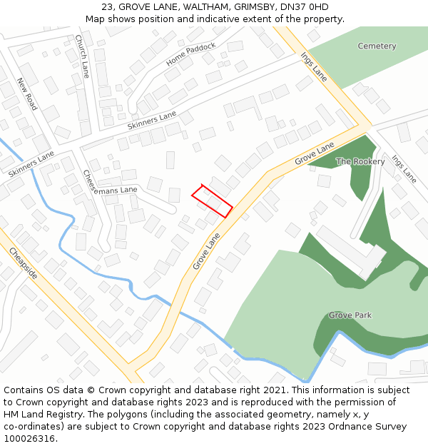 23, GROVE LANE, WALTHAM, GRIMSBY, DN37 0HD: Location map and indicative extent of plot