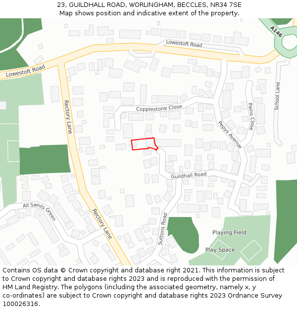 23, GUILDHALL ROAD, WORLINGHAM, BECCLES, NR34 7SE: Location map and indicative extent of plot