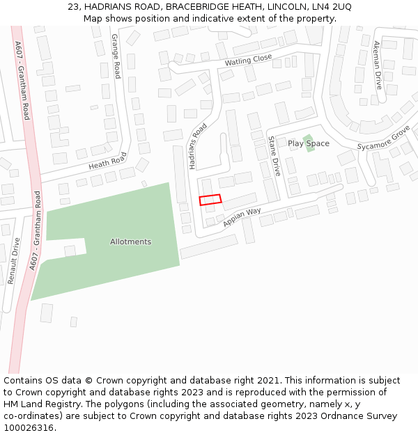 23, HADRIANS ROAD, BRACEBRIDGE HEATH, LINCOLN, LN4 2UQ: Location map and indicative extent of plot