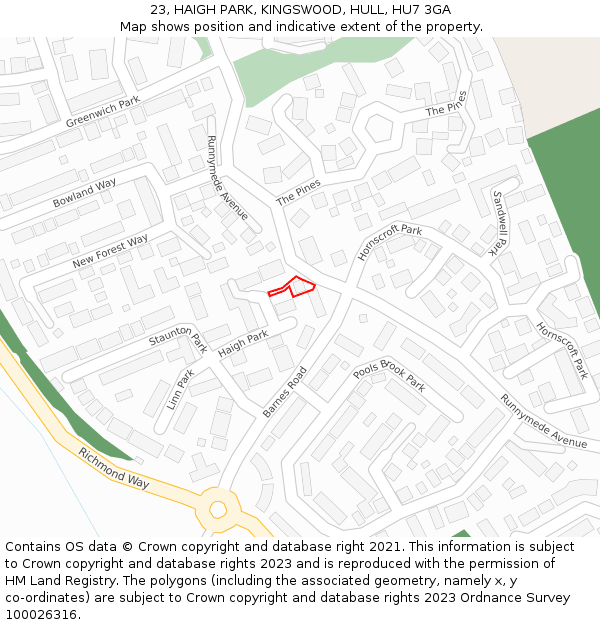 23, HAIGH PARK, KINGSWOOD, HULL, HU7 3GA: Location map and indicative extent of plot