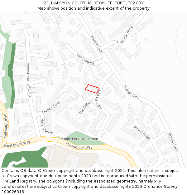 23, HALCYON COURT, MUXTON, TELFORD, TF2 8RX: Location map and indicative extent of plot