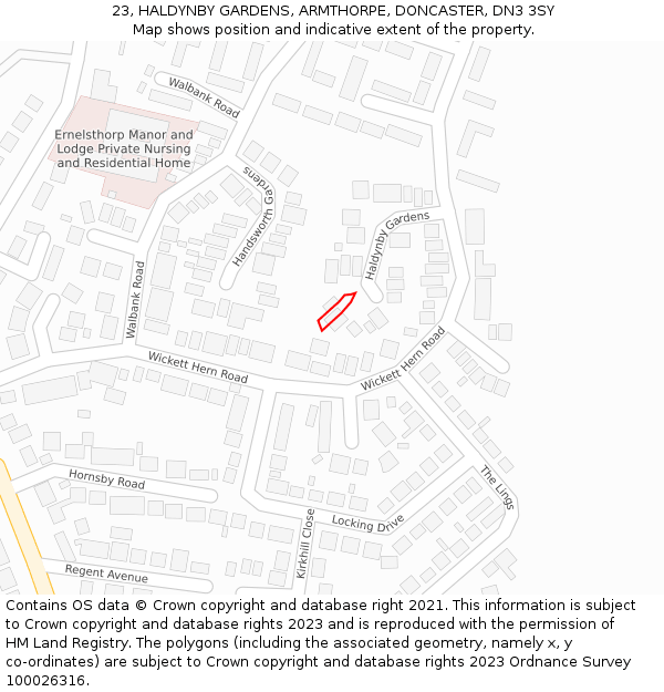 23, HALDYNBY GARDENS, ARMTHORPE, DONCASTER, DN3 3SY: Location map and indicative extent of plot