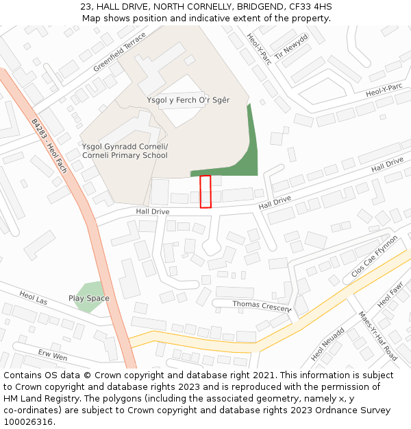 23, HALL DRIVE, NORTH CORNELLY, BRIDGEND, CF33 4HS: Location map and indicative extent of plot