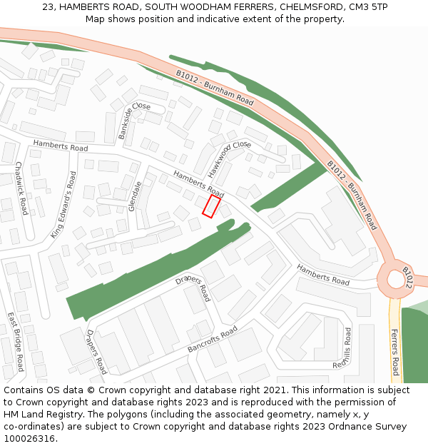 23, HAMBERTS ROAD, SOUTH WOODHAM FERRERS, CHELMSFORD, CM3 5TP: Location map and indicative extent of plot