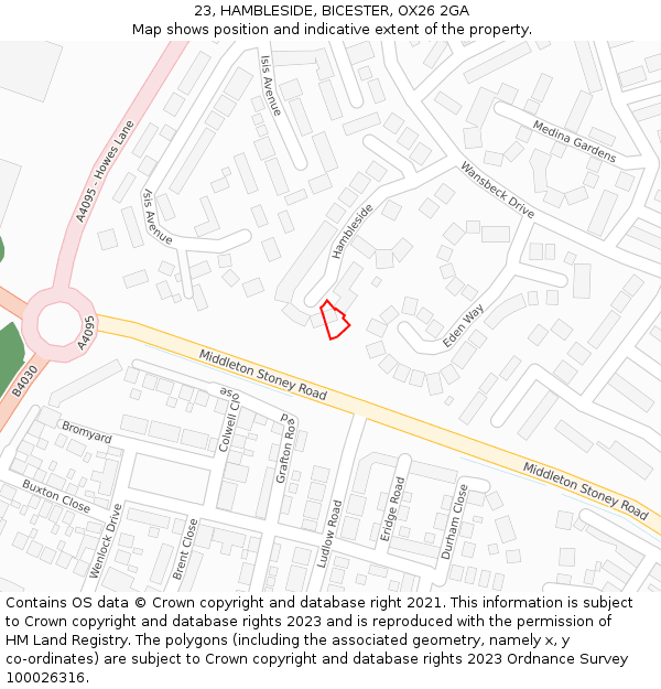 23, HAMBLESIDE, BICESTER, OX26 2GA: Location map and indicative extent of plot