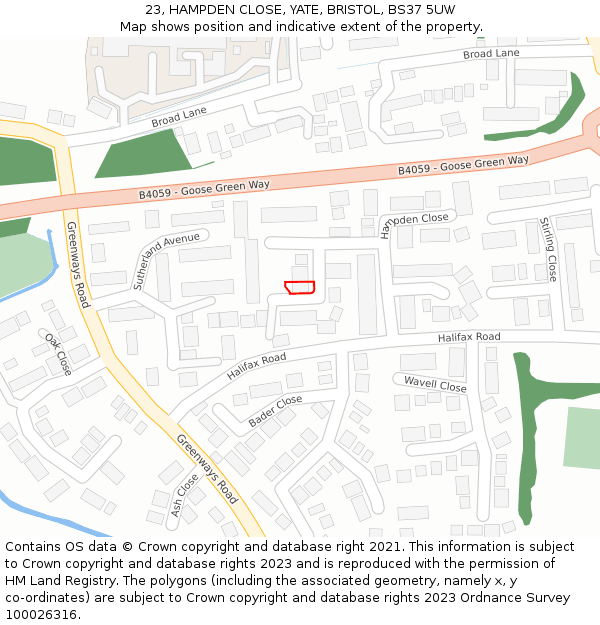 23, HAMPDEN CLOSE, YATE, BRISTOL, BS37 5UW: Location map and indicative extent of plot